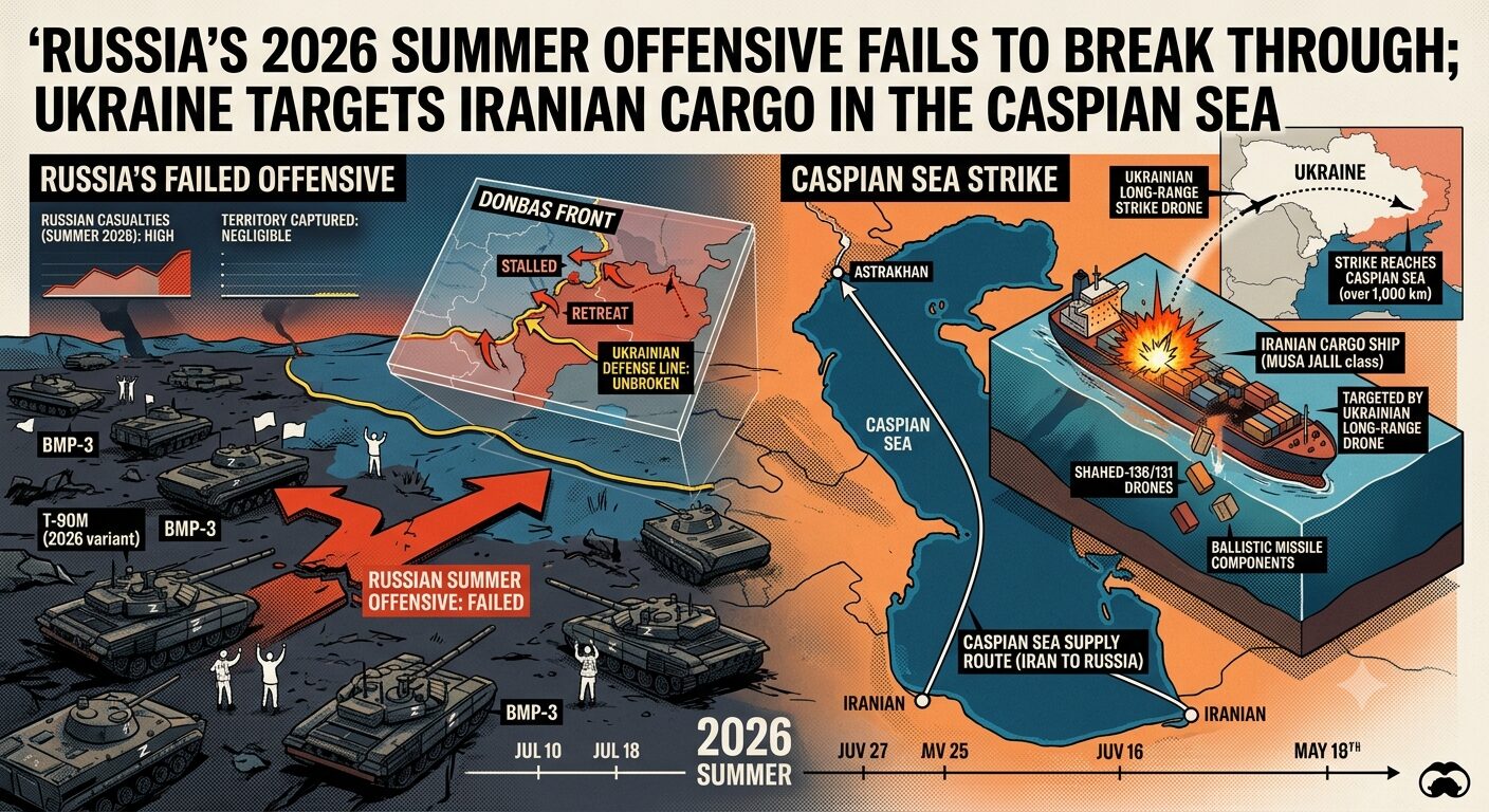 Russia’s 2026 Summer Offensive Fails to Break Through; Ukraine Targets Iranian Cargo in the Caspian Sea